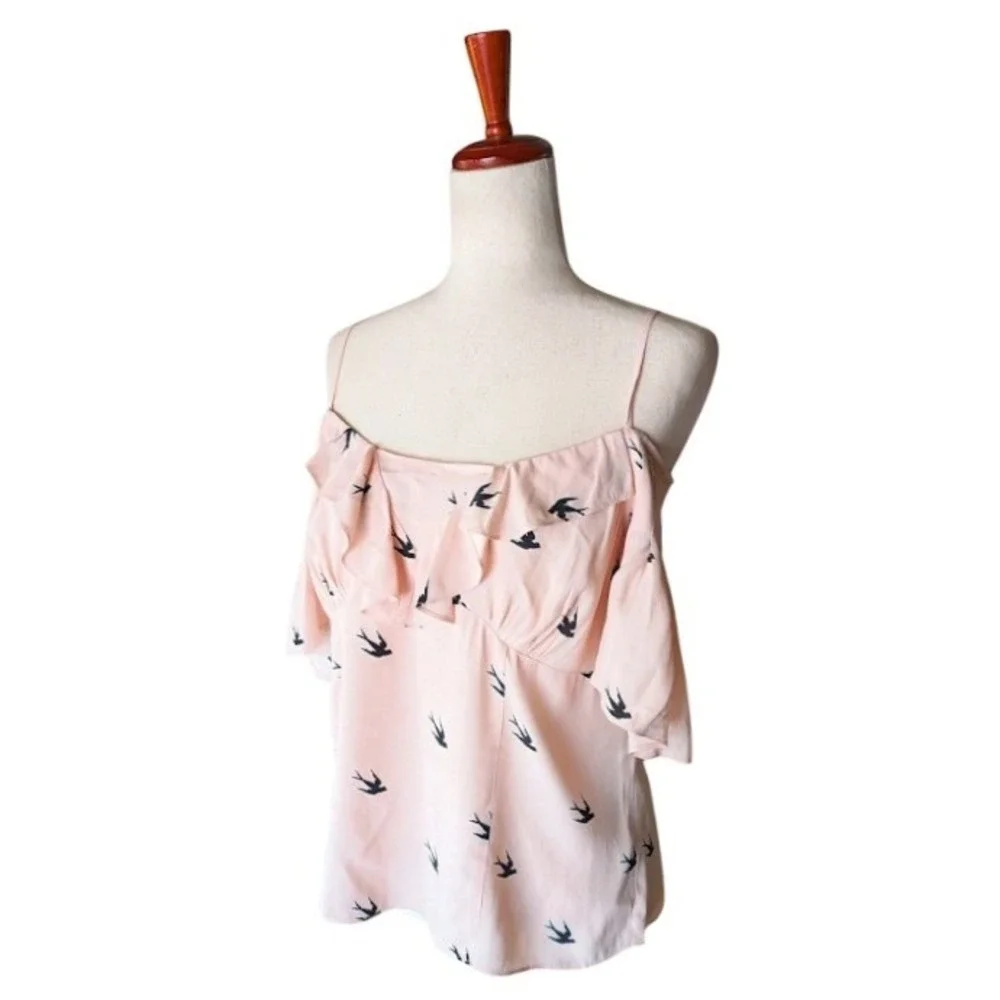 McQ Alexander McQueen Pink Swallow Bird Print Cold Shoulder Ruffle Top Size 44 - Picture 3 of 11